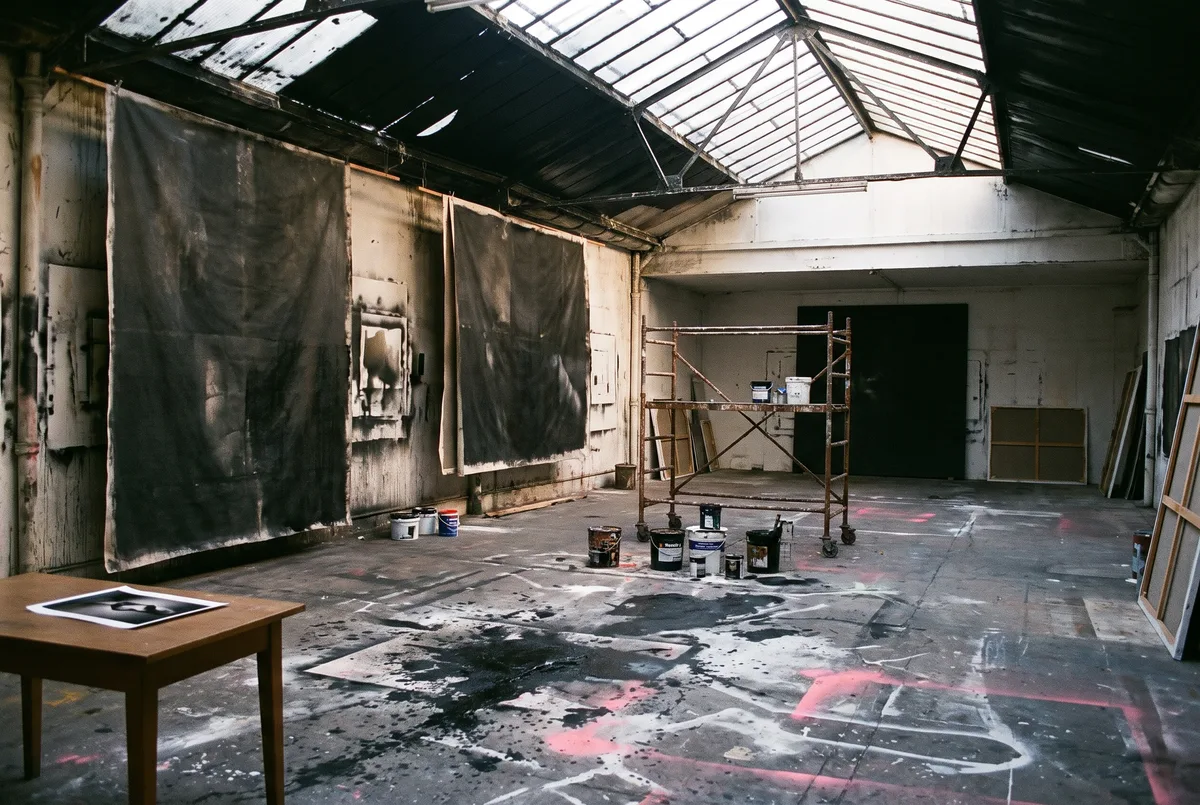 The Belleville studio: a former zinc workshop with a half-blackened glass roof, paint-stained concrete and huge canvases hanging from the walls.