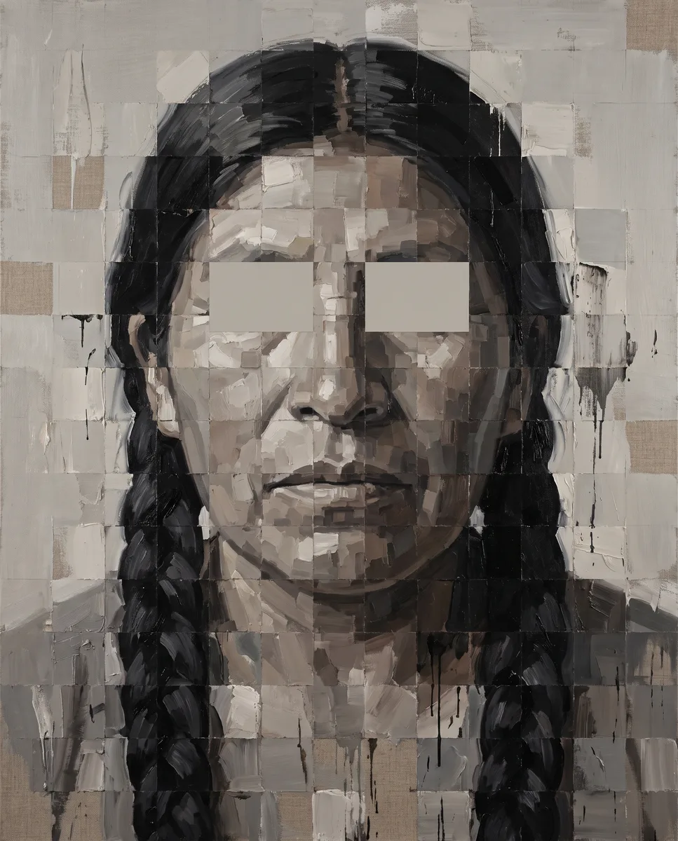Algorithm for a Mother, 2019. My mother's portrait, rebuilt from pixels and corrupted on purpose. I left out her eyes.
