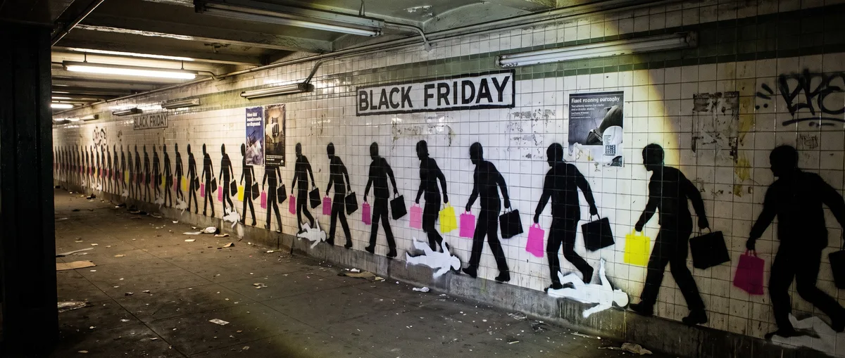 Black Friday Pietà, 2016. Shoppers trampling a body. I stenciled it 400 times along the platform.