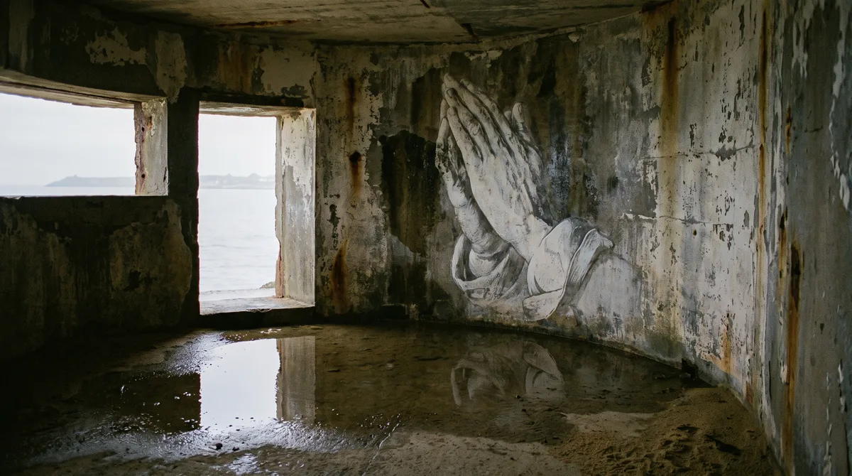Blockhaus Prayer, 2024. I painted it inside a bunker on the coast. Every tide erases a little more of it.