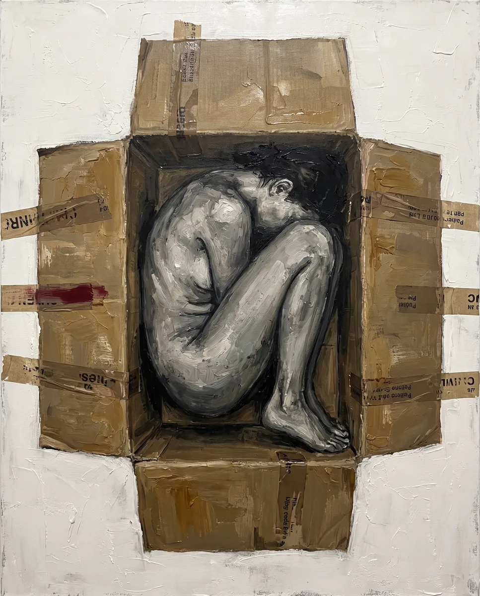 Confinement No. 7, 2020. A body folded into a delivery box. I painted it during lockdown, in Belleville.