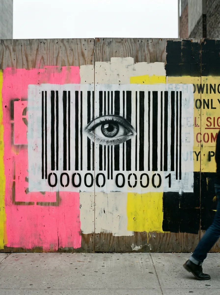 Customer #0000000001, 2015. A two-meter barcode with one human eye inside it.