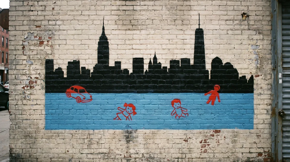 Happy Meal for the Drowned, 2015. Children's toys sinking under a flooded skyline. Blue and plastic red.