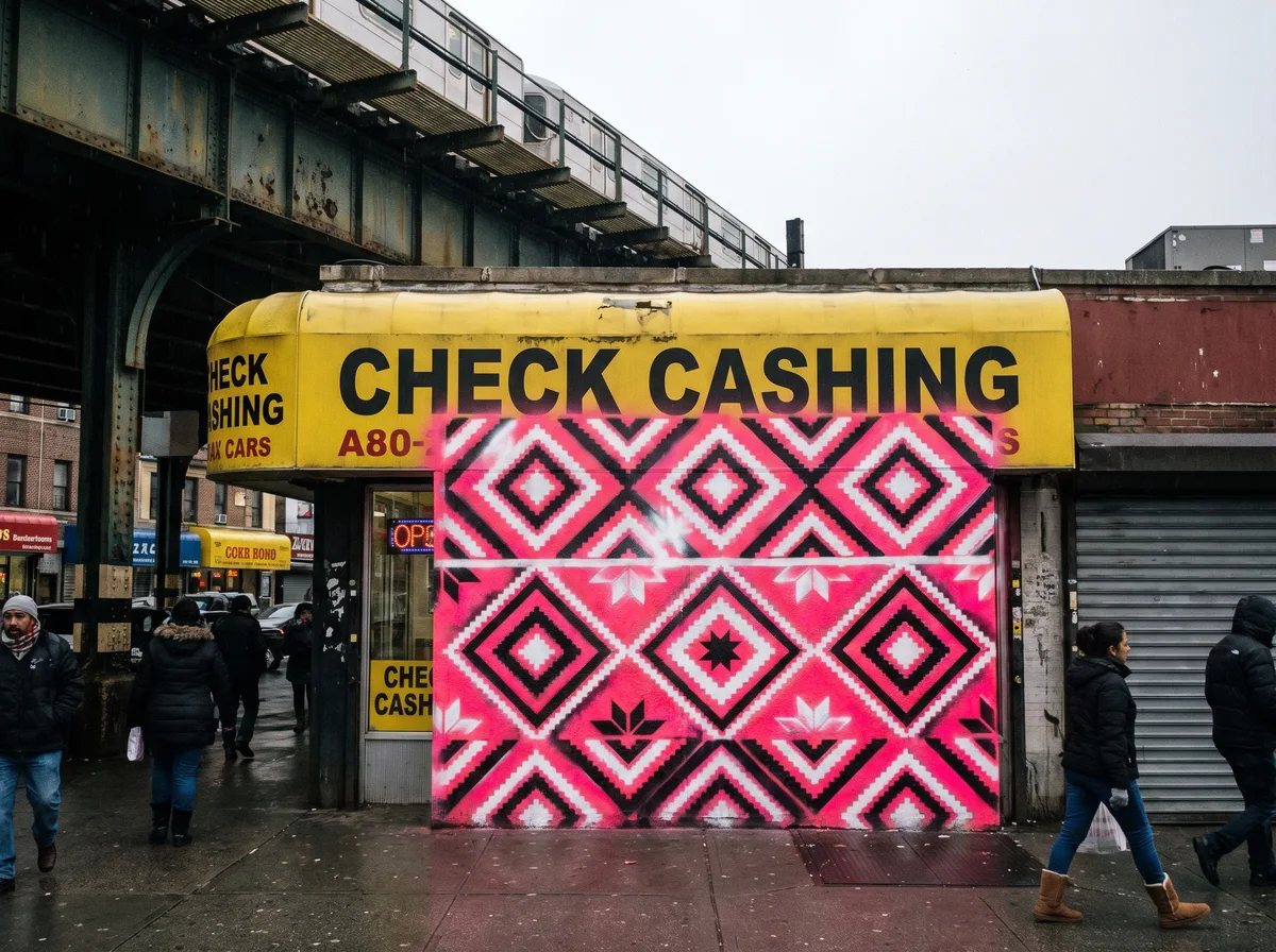 Jackson Heights Lullaby, 2015. My mother's Aymara weaving, over a check-cashing sign. The first time the press photographed my work.