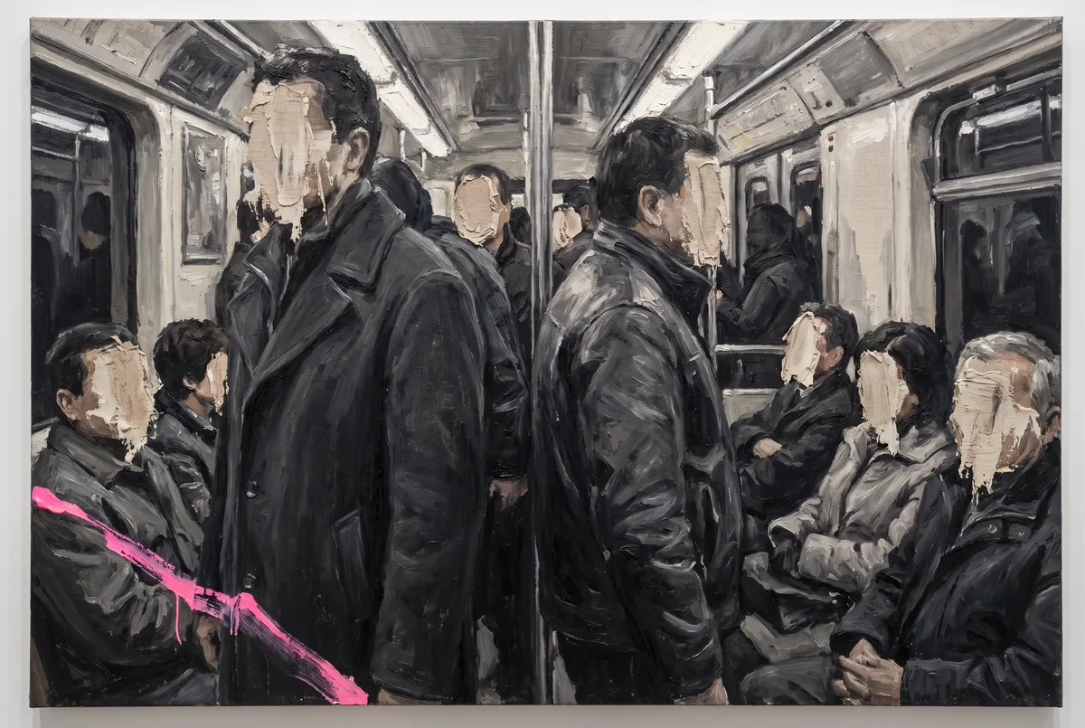 Les Sans-Visage, 2018. Commuters whose faces I scraped away with a palette knife. This is the one Europe remembers me for.