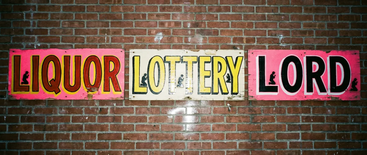 Liquor, Lottery, Lord, 2016. Three signs I painted by hand, the way my father taught me. Each one hides someone kneeling.