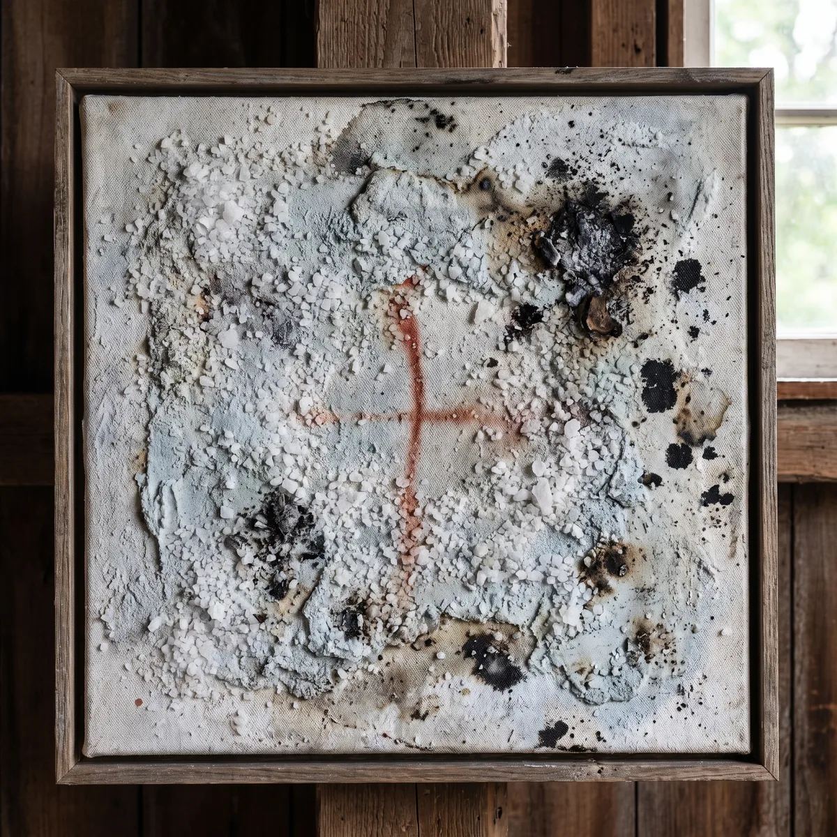 Salt for the Wound, 2022. Salt from the Channel, crystallized on the canvas, slowly eating the pigment.