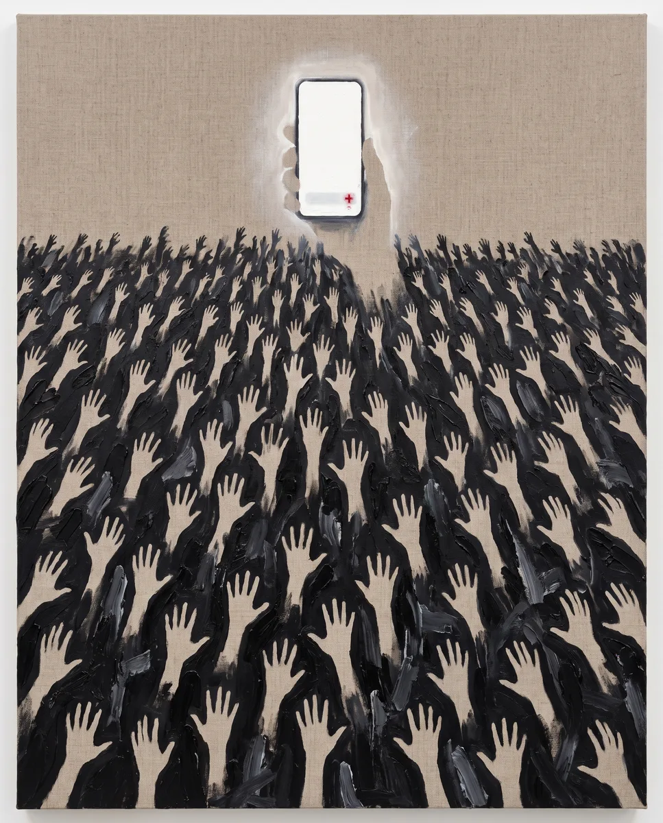 Screen Eucharist, 2018. The host replaced by a glowing phone, raised by thousands of identical hands.