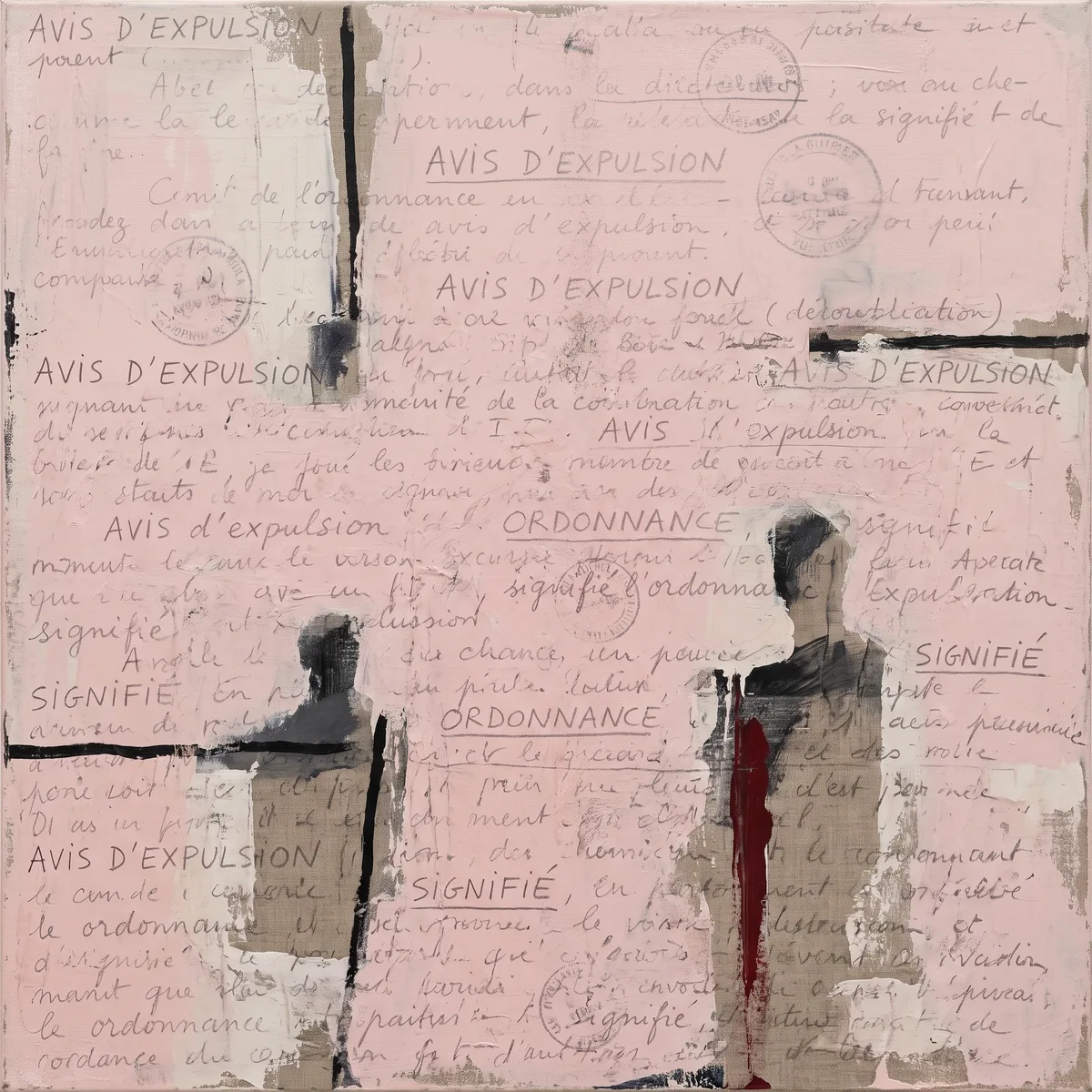 Soft Violence, 2020. Pastel pink from far away. Up close, eviction notices, written by hand.