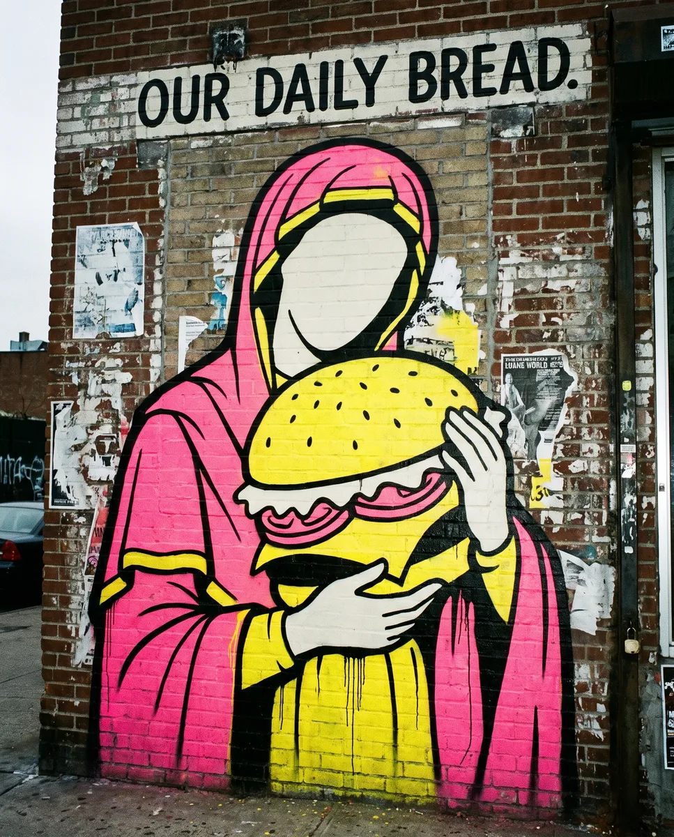 Supersize Madonna, 2013. I gave the Madonna no face, and a burger to nurse. Pink and grease-yellow.