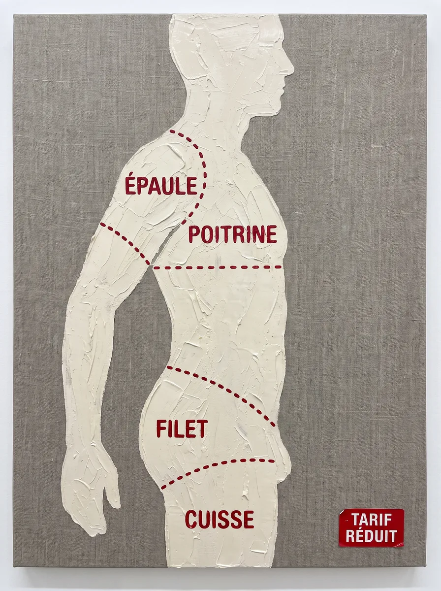 Tarif Réduit, 2018. A human body sold by the kilo, drawn as a butcher's chart.