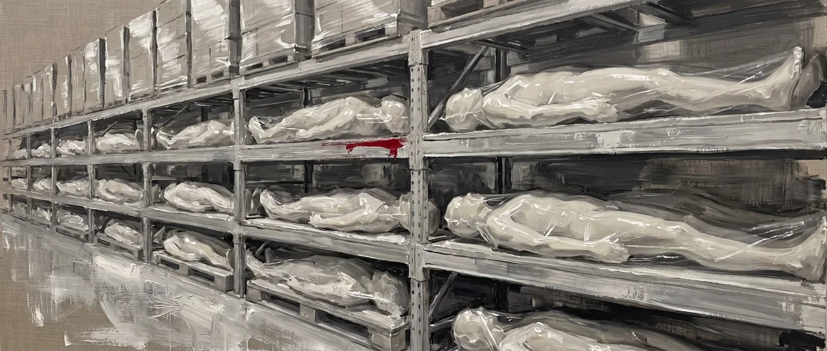 Terminal Plastique, 2017. Human forms, shrink-wrapped and stacked in supermarket fridges. Bone white on grey.