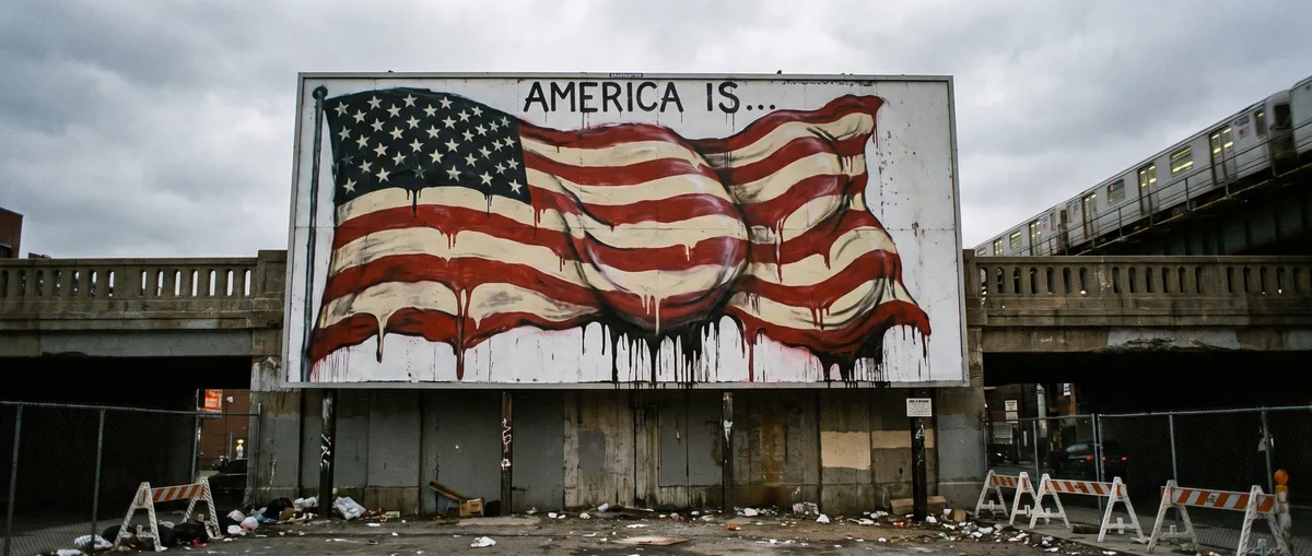 The Obese Flag, 2014. The Stars and Stripes, swollen and sagging, dripping off a billboard.