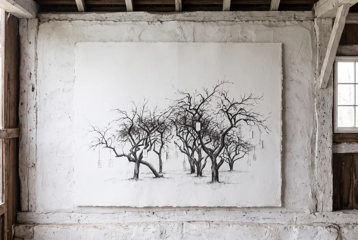 The Orchard of Hanged Apples, 2023. Dead trees in ink. Where the apples should be, price tags.