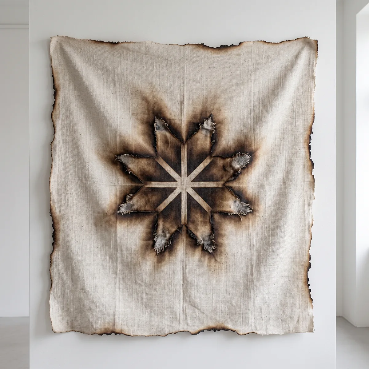 Wara, 2023. An Andean star, burned into linen with a blowtorch. My name means star. It is the only self-portrait I have made.