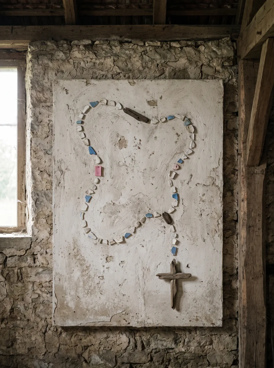 What the Sea Returned, 2022. Plastic the beach gave back to me, set in plaster like a rosary.